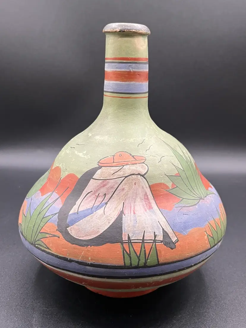 Mexican Folk Art Pottery Bell Vase With Agave 9”