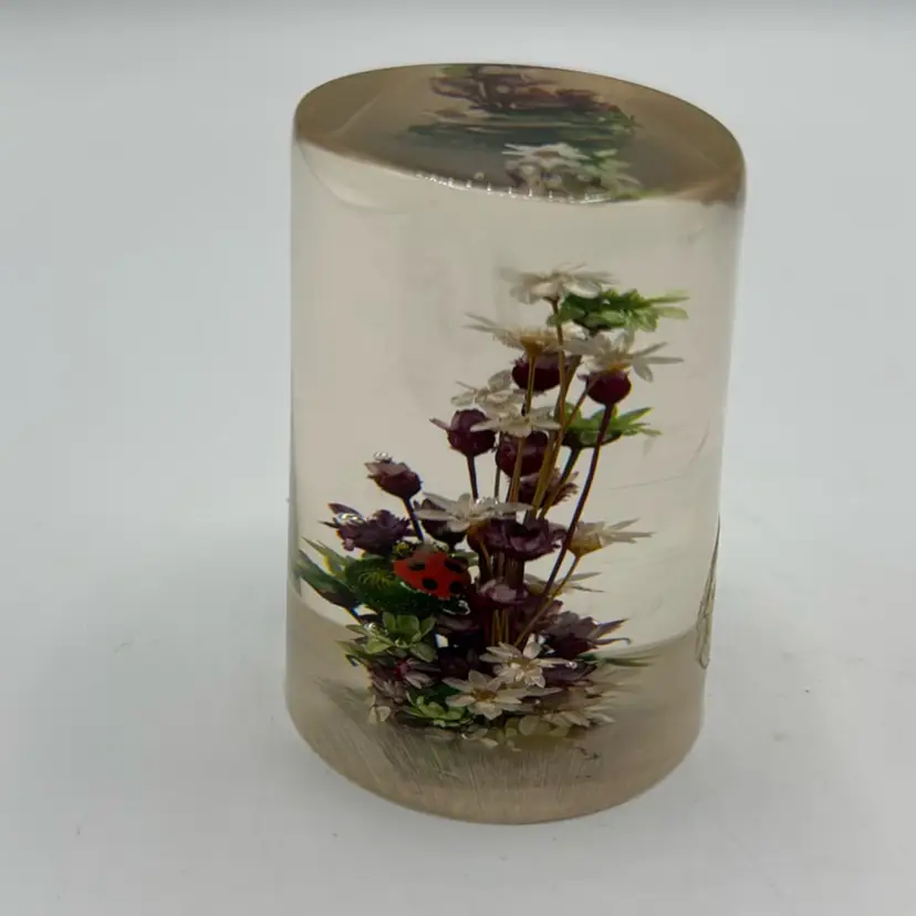 Daisyglas Company Flower Ladybug Lucite Paperweight