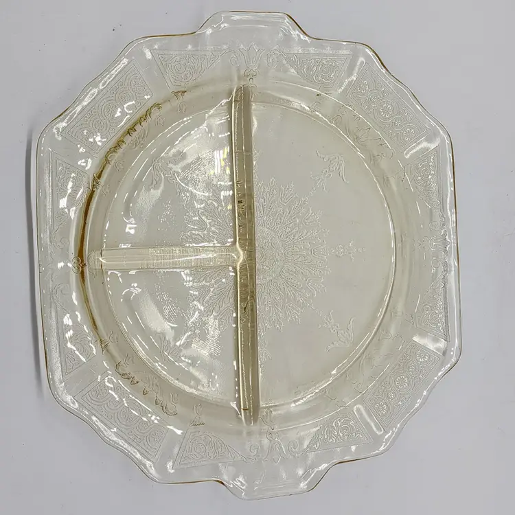 Vintage Federal Uranium Glass Divided Serving Plate With Filigree Design