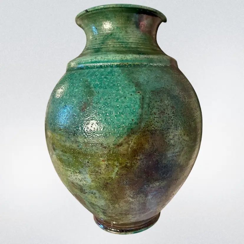VINTAGE Pottery Vase Signed 
Large Metallic Earthtones Green Gold