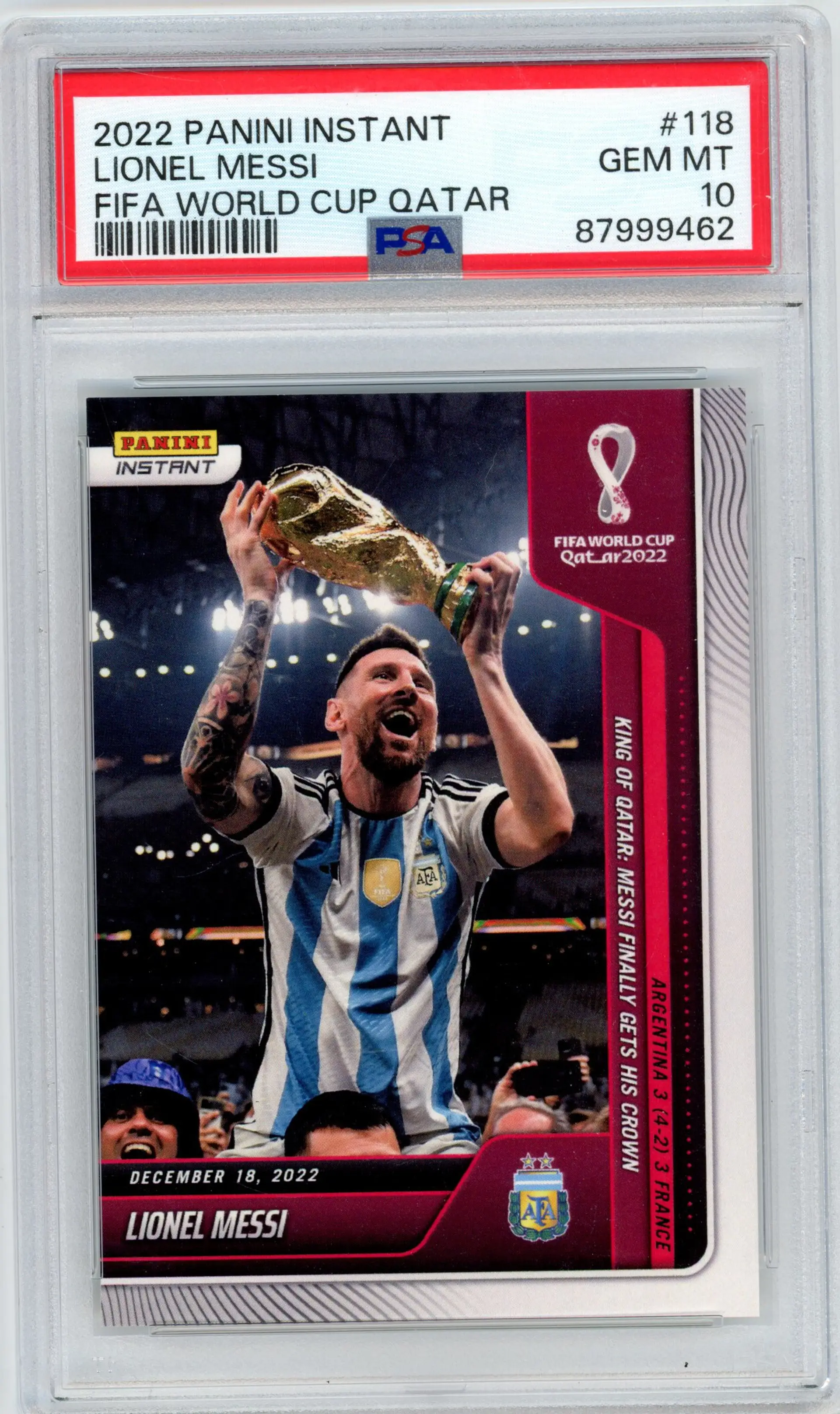 2022 Panini Instant LIONEL MESSI #118 FIFA World Cup Qatar ARGENTINA PSA 10 GEM MT