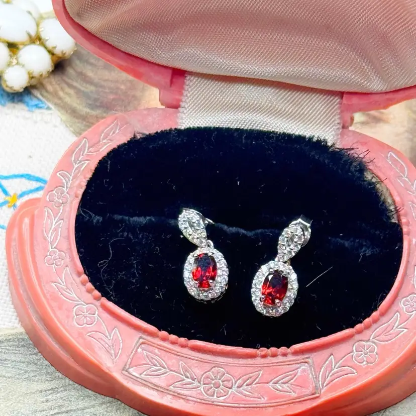Sterling Silver Garnet Earrings Pierced