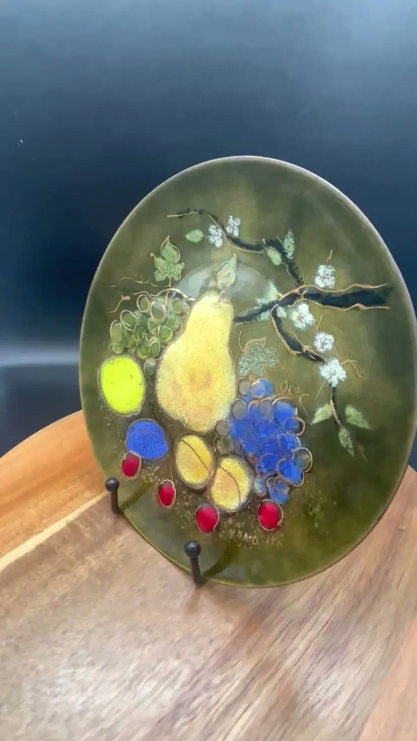 Signed Margaret Ratcliffe Enamel on Copper Plate - Pear and Fruits - 1960s