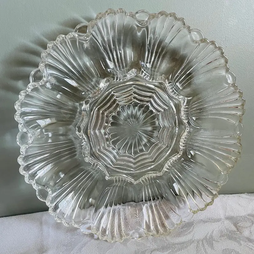 Art Deco Deviled Egg Platter: Anchor Hocking 896 Clear Glass, Mid-Century Server