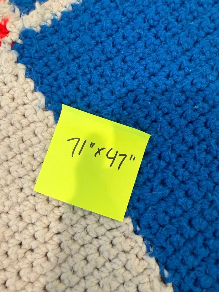 Vintage Crocheted Afghan Blanket - Red Gray Blue