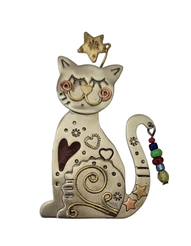 Silver Tone Bead Dangle On Tail Smiling Whimsical Cat Brooch Pin E670