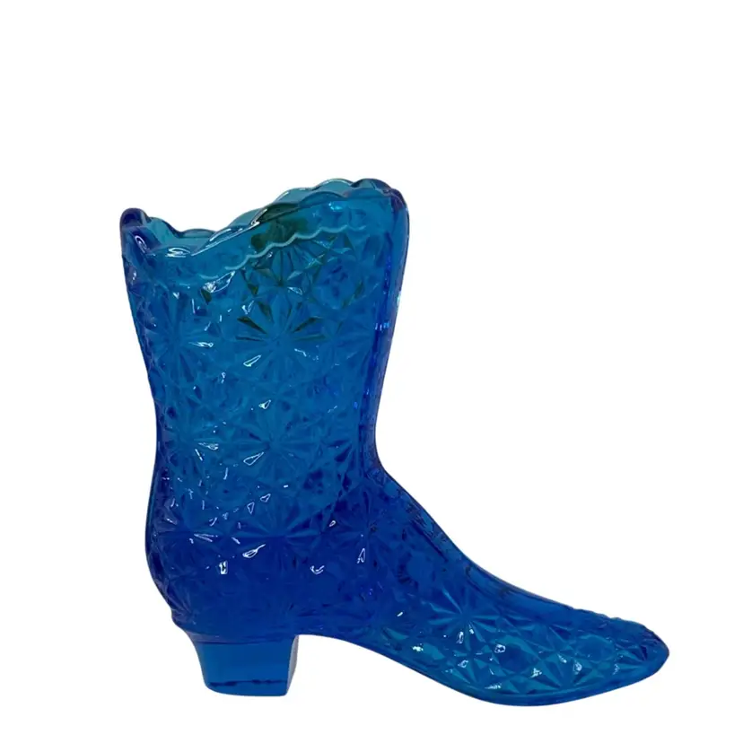 Fenton Boot Turquoise Blue Daisy & Button Art Glass 1960βs Fenton Label & Logo 4.25β Tall