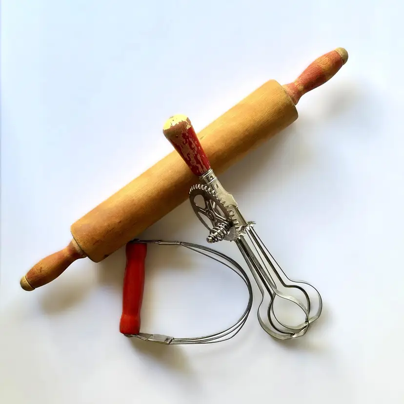 Vintage Kitchen Utensils - EKCO A&J Hand-Turn Eggbeater, Androck Potato Masher, and Rolling Pin / Red Handles