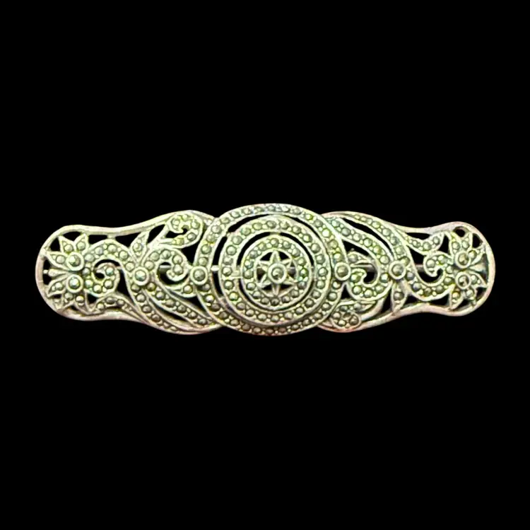 Vintage Art Deco Sterling Silver & Marcasite Brooch 2.5”, 11.1g