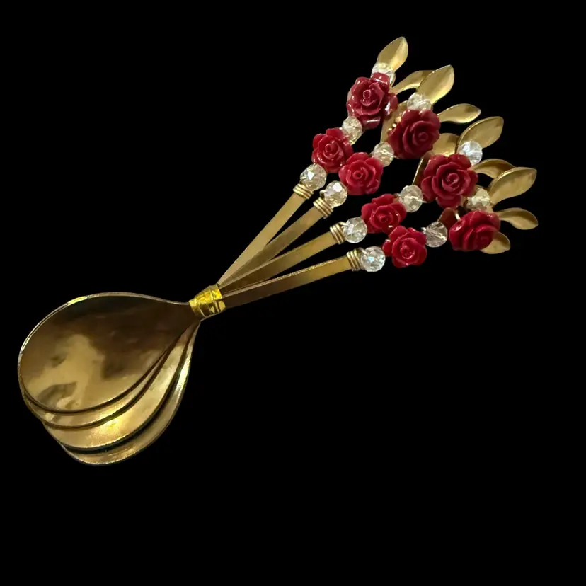 Red Roses 🌹 On Gold Teaspoons Set Of 4