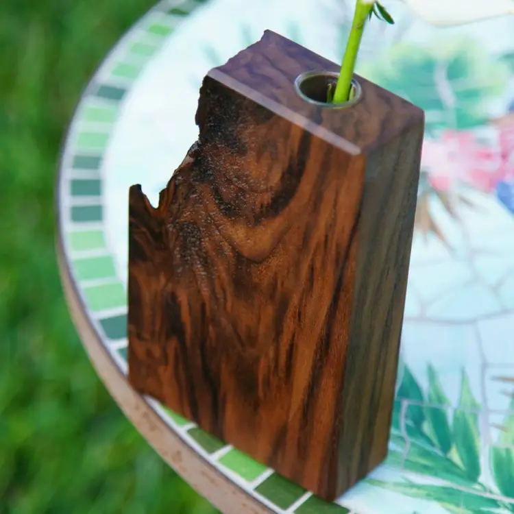 Rustic Walnut Wood Single Stem Vase with Natural Edge (7.5" x 5" x 1.75")