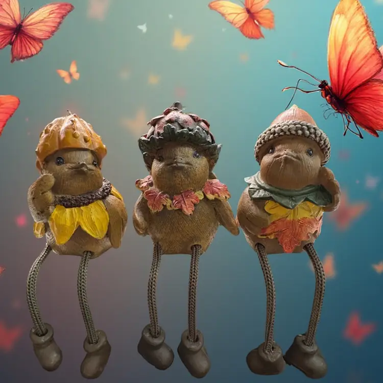 3 Vintage Shelf Sitter Birds Dressed In Fall Outfits