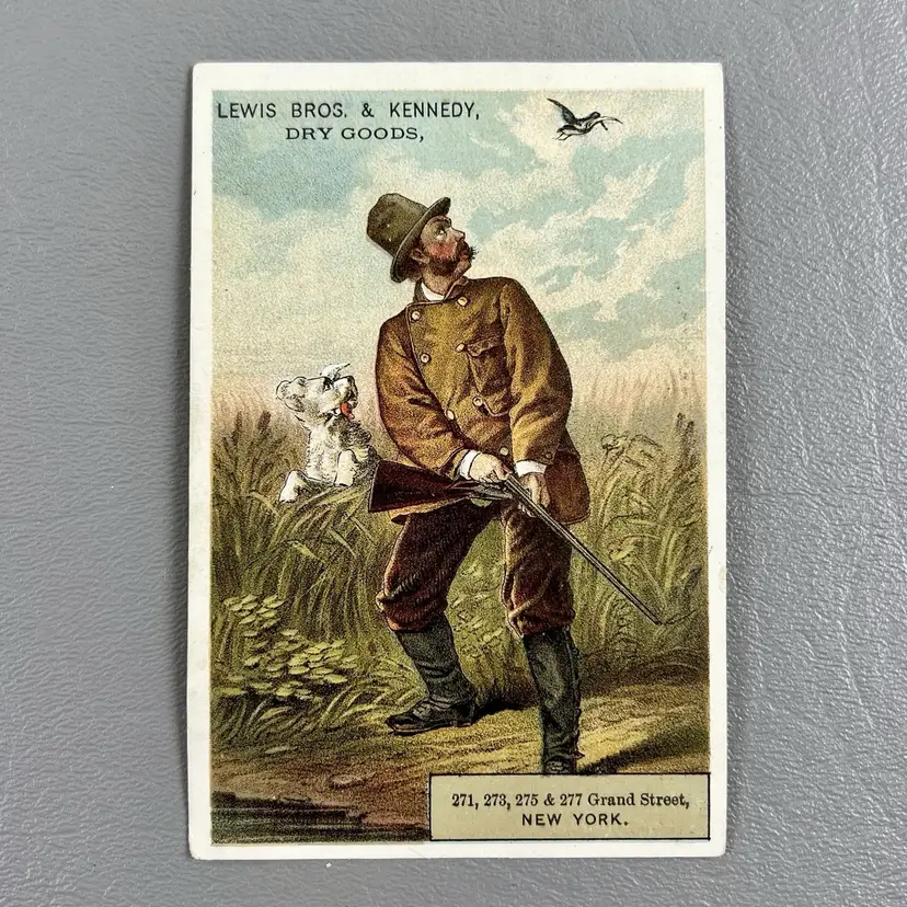 Victorian Trade Card Lewis Bros Kennedy Dry Goods New York Hunter Dog Back: Evening Amusement - Why are you beloved?