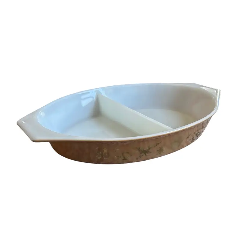 PYREX Early American 1.5 Quart Gold and Brown Divided Casserole Dish with Glass Lid