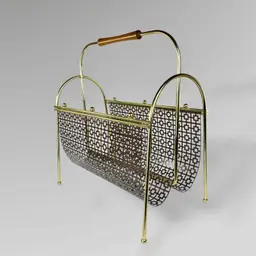 Mid Century Modern Magazine Rack Gold Metal Wood Handle MCM Home Decor