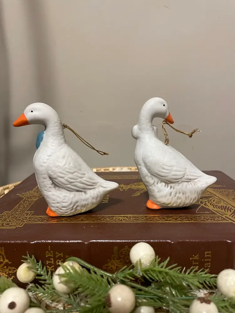 Vintage Blue Bow Geese Bisque Ornaments Set of Two