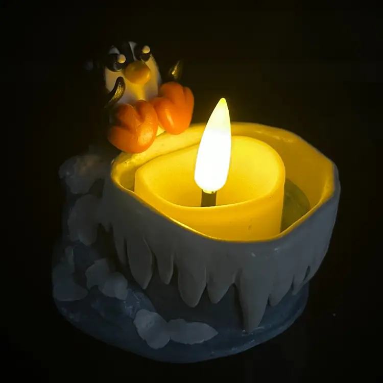 Handmade By Me - Pablo The Penguin Tea Light Holder, Polymer Clay Penguin In Snow Warming Find At “Fire”, Includes Battery Tea Light, Made By NN Artist, Polymer Clay Sculpture, Polymer Clay Penguin Miniature