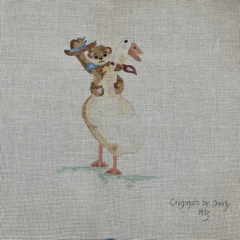 Stitch Painted Needlepoint Cowboy Bear Riding Goose Country Cottage Core 13 Point Canvas 18x18"