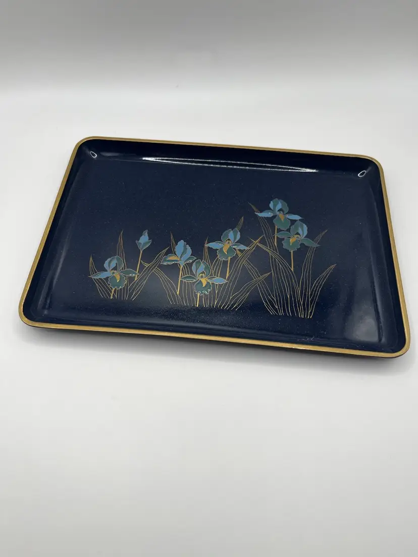 Vintage Otagiri Japan Lacquered Tray Iris Floral Design Gold Trim