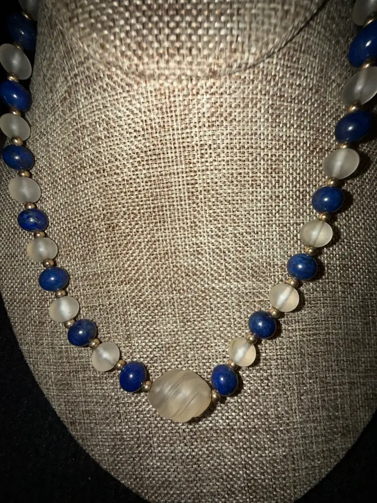 Vintage Lapis Lazuli Beads And Carved Rock Crystal Necklace, 14k Clasp And Beads