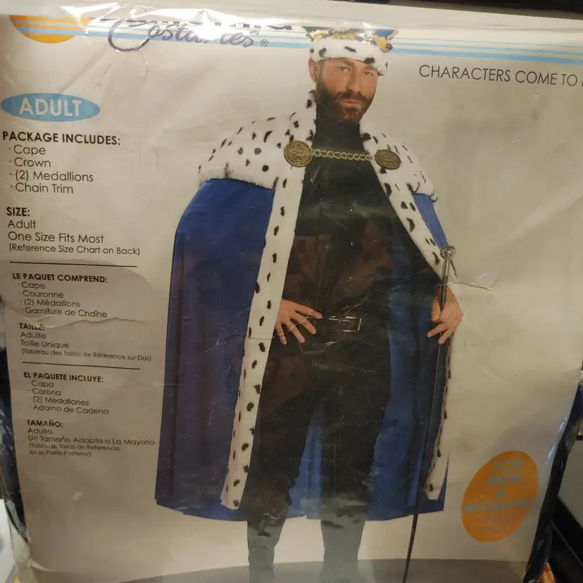 Costume- Adult- Royal cape and crown. New in bag. Include cape, crown, 2 medallions and chain