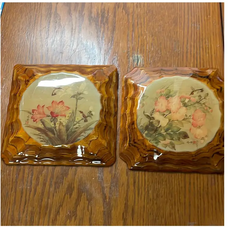 Vintage Asian Signed Painting On Wood Plagues Set Of 2