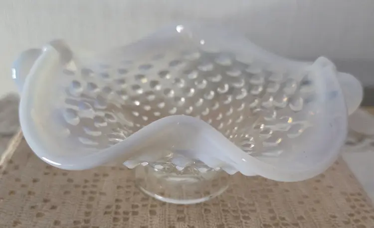 Fenton Opalescent Hobnail Double Handled Dish