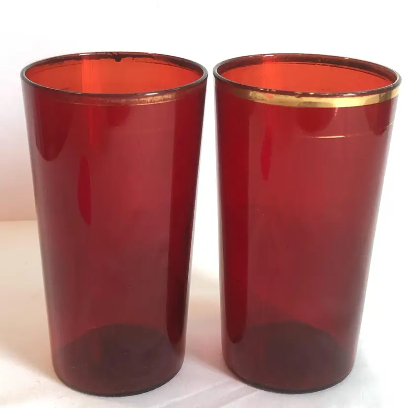 2 Vintage 1930s Ruby Red Glass Drink Tumblers Glasses Barware Gold Band Unmarked