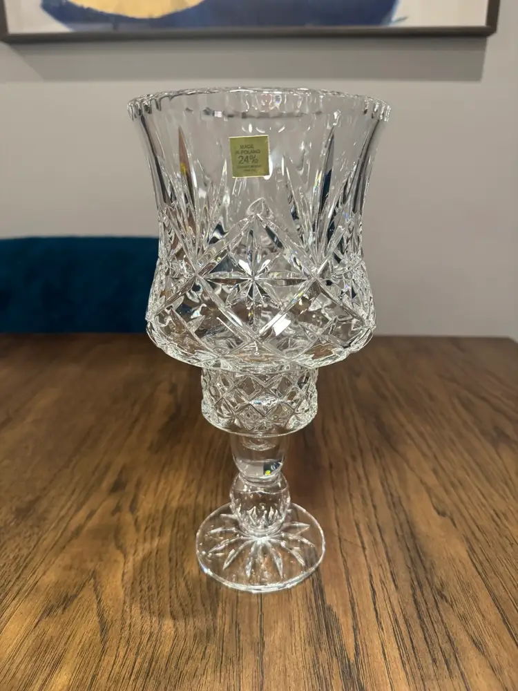 #06 Vintage Julia Hurricane Globed Cut Lead Crystal Candlestick Holder. Made in Poland 24% leaded crystal