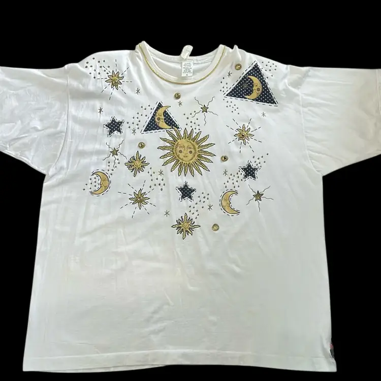 Vintage Single Stitch India Ink Paintworks Celestial Studded T Shirt With Shoulder Pads