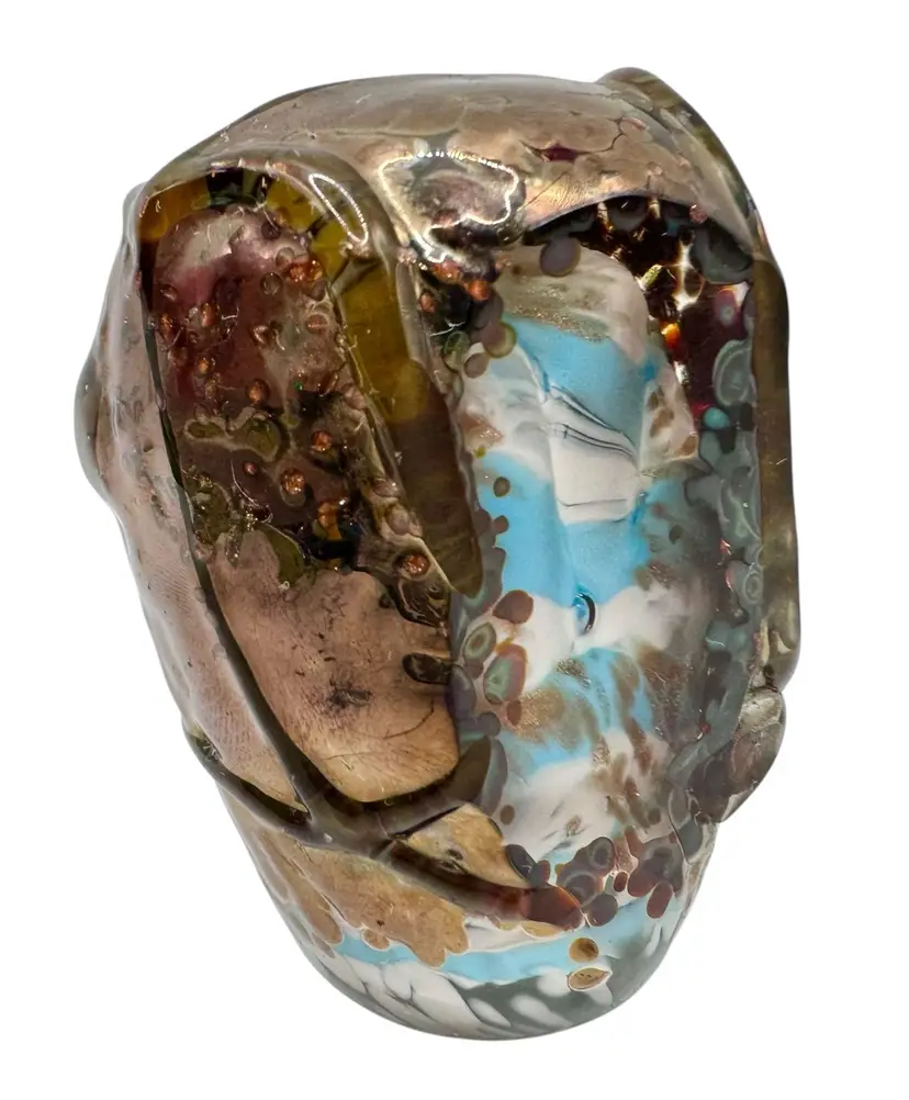 Vintage Signed New Morning Glass Art Paperweight Blue White Cased Metallic 3”