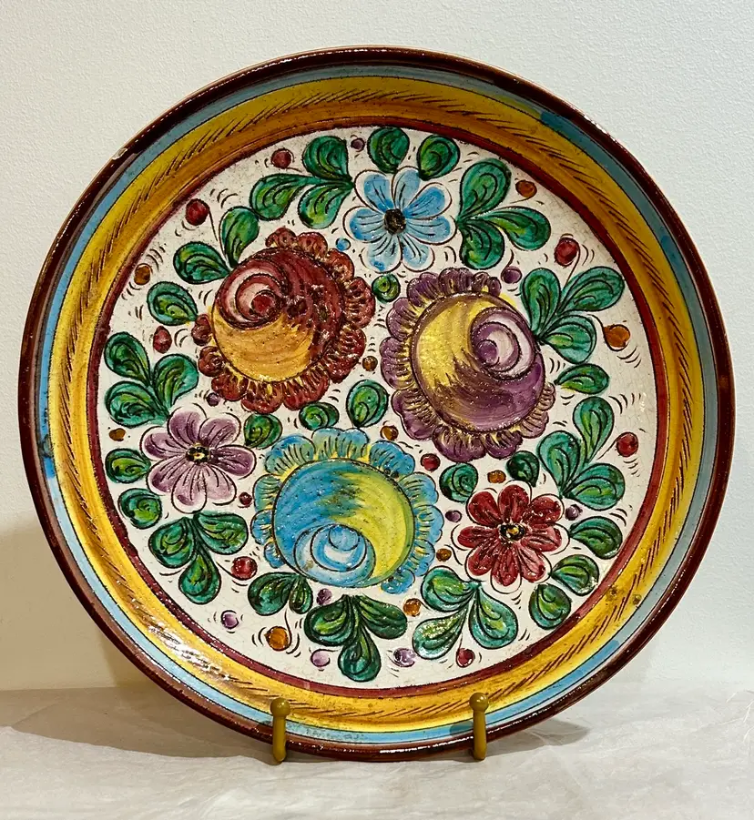 Vintage Alberobello Italian Art Pottery Plate Signed Incised Floral Design
