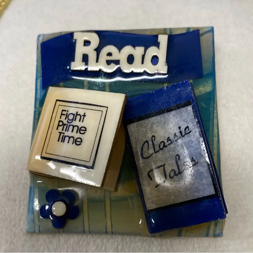 BOOK PINS By LUCINDA ~ Includes the Words "READ" ~ "Classic Tales" ~ This Dimensional Brooch / Pin Features 2 Great Books To Snuggle Up And Read To Your Kids