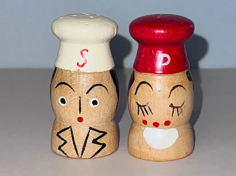 Vintage Wooden Salt And Peppy Chef Shakers Original 7 Cent Price Stamp