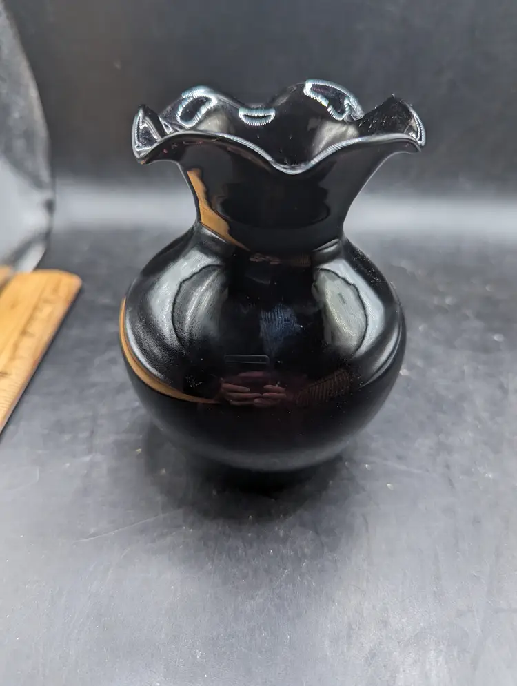 Vintage Dark Amethyst Glass Vase With Ruffles Edge