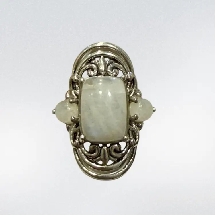 BBJ Signed Rhodium Over Sterling Silver Rectangular Cushion & Round Rainbow Moonstone 3-Stone Ring Size 8, 8.6g