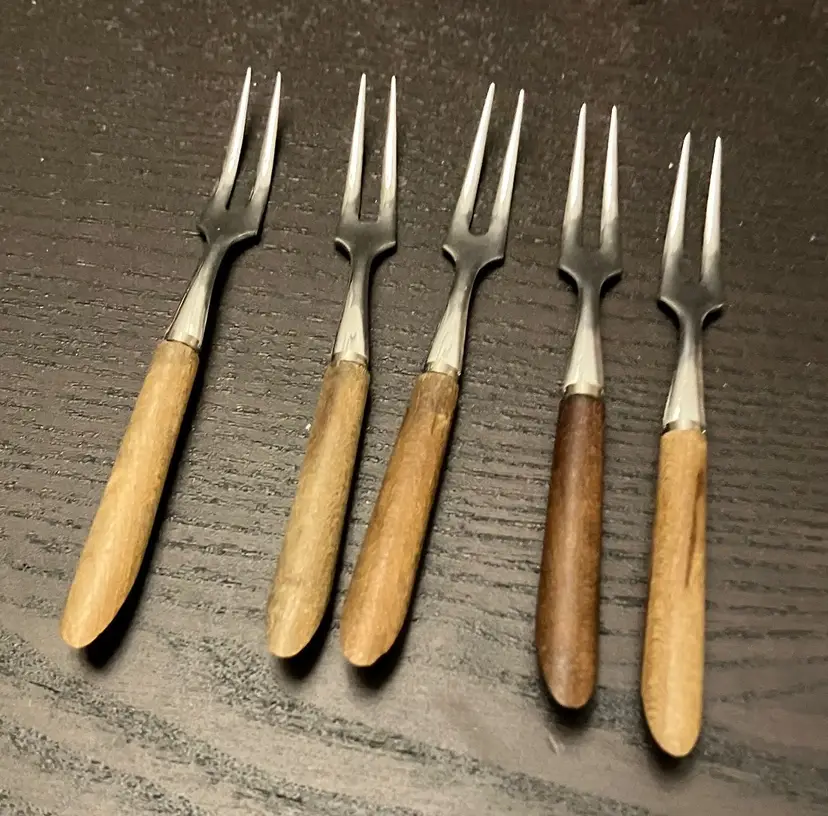 VTG MCM Wood or Composite Handle Fork Set X 5 Japan Stainless Shrimp Lobster