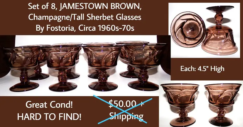 Set of 8 Fostoria Jamestown Brown Champagne / Sherbet Glasses/Cups 147446, MCM