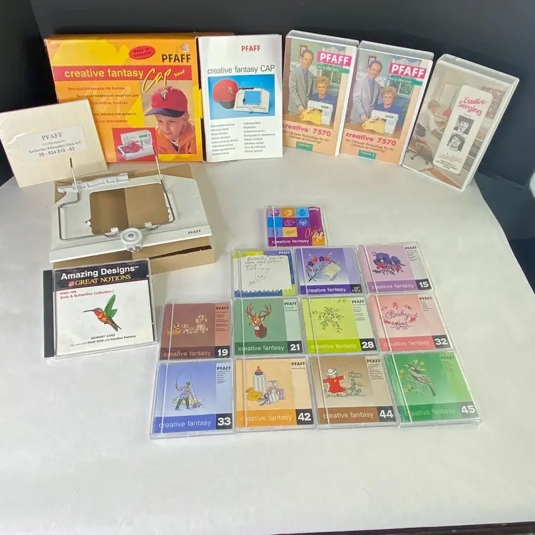 PFAFF Creative Sewing VHS Tape 1 and 2, 13 Cards, Hat Hoop Bundle Lot