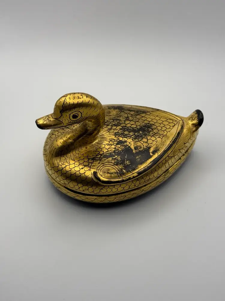 Signed Golden Duck Lacquered Trinket Box 5 1/2 X 4"