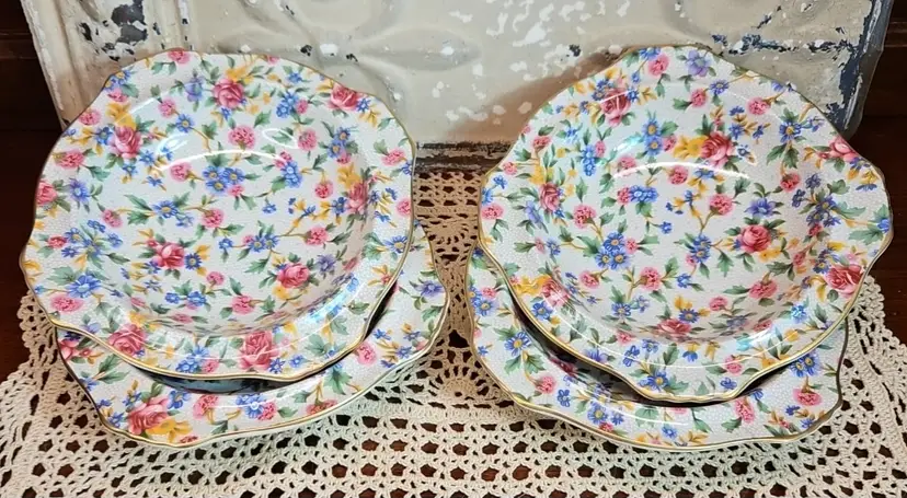 Set of 4 Royal Winton Grimwades “Old Cottage” Square Chintz Soup Bowls 7"