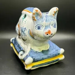 Pottery Redware Cat Floral Frog Paintbrush Holder 5.5” Portugal