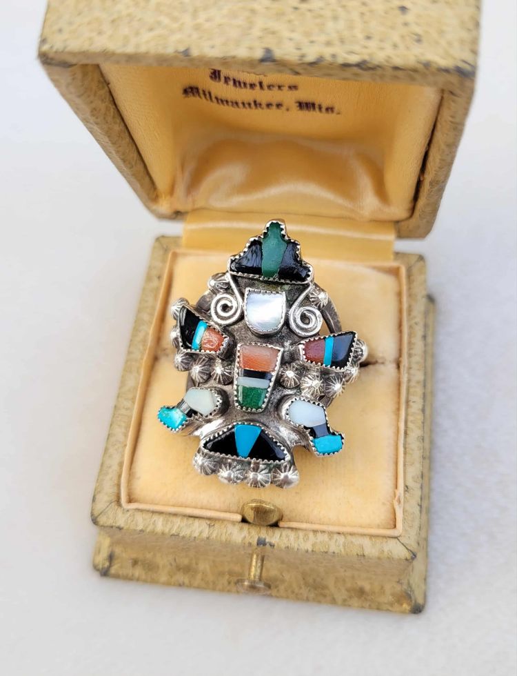 Vtg ZUNI Knifewing Turquoise Coral Onyx MOP Inlay Sterling Silver Ring Sz 5.5