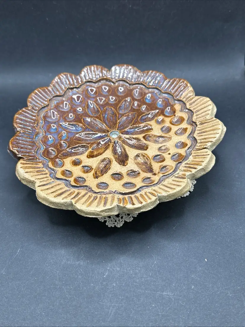 Vintage Hand Thrown Pottery Flower Dish/ Trinket Brown and Blue With Feet.  Signed