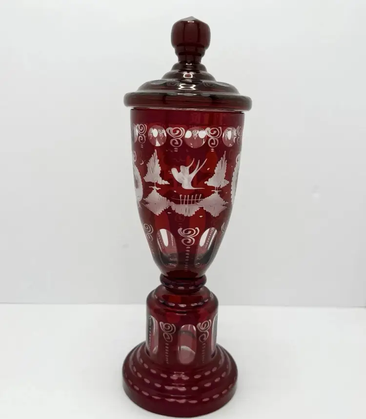 Bohemian Crystal Hand-Cut (Ruby Red To Clear) Jar with Lid 15 1/2" Tall