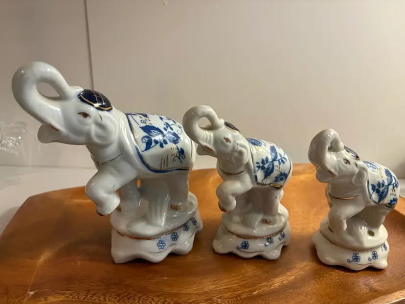 Lot of 3 White Blue Porcelain Elephant Figurines Made in Taiwan