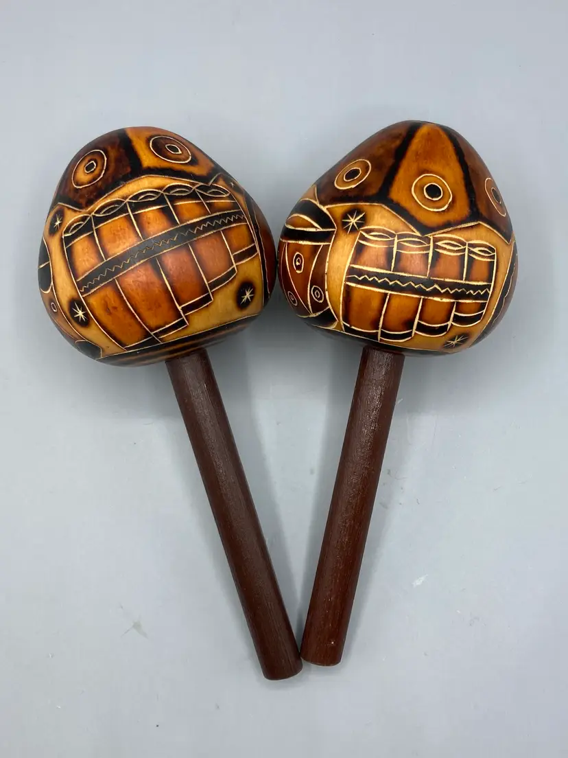 Vintage Hand Carved Decorative Folk Art Maracas
