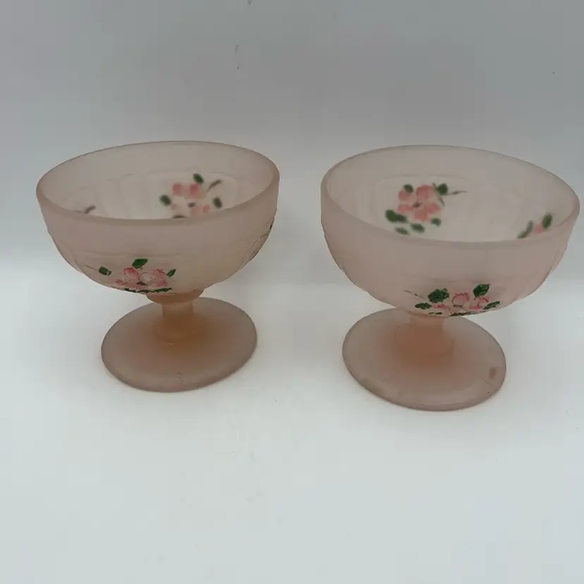 Vintage Pink Satin Frosted Glass Footed Dessert Compotes Set Of Two, 3.25” Tall