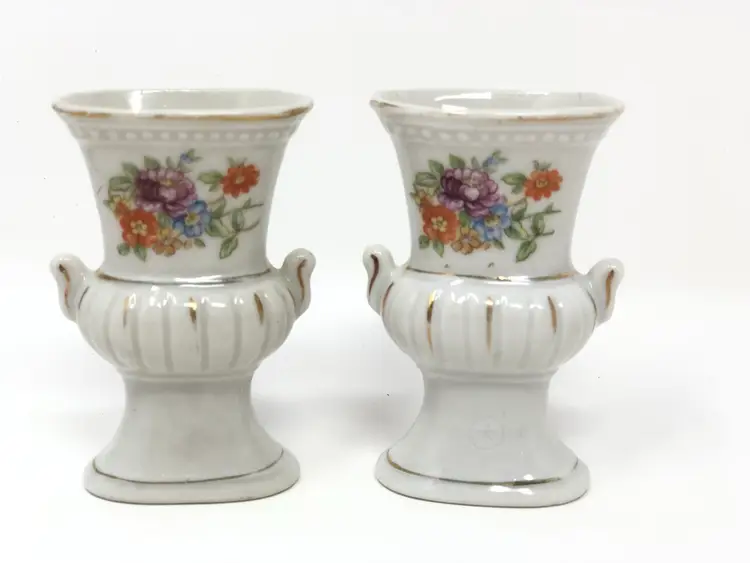 Miniature Porcelain Urn Pair with Hand Painted Floral Design and Gold Detail Marked Occupied Japan