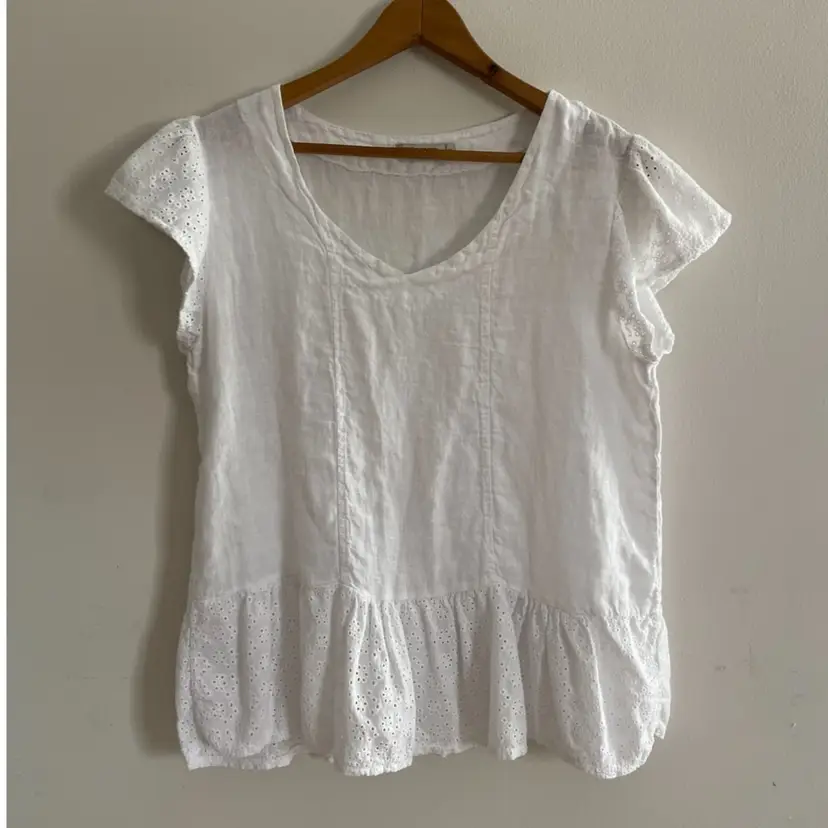 Lung O L'Arno Italian 100% Linen Top White Eyelet Peplum Small Trad Wife Coastal